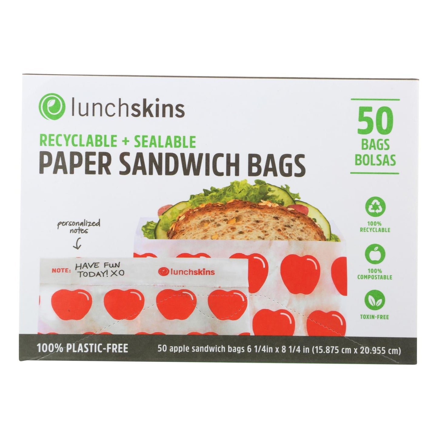 Lunchskins - Recyclable And Sealable Paper Sandwich Bags - Red Apple - Case Of 12 - 50 Count