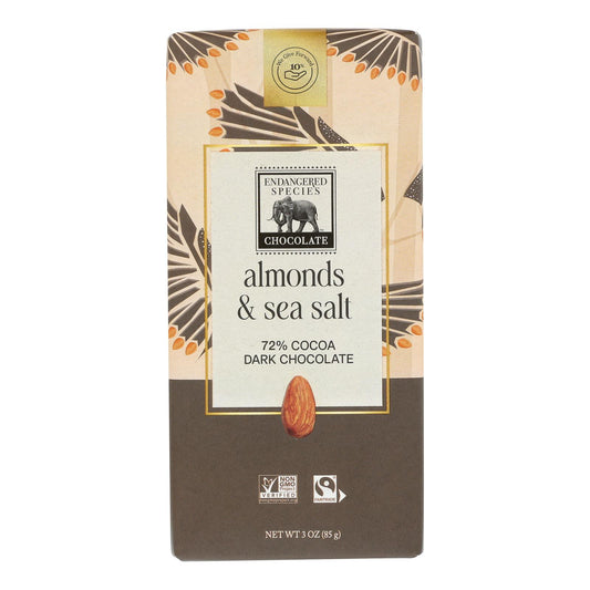 Endangered Species Natural Chocolate Bar - Dark Chocolate - 72 Percent Cocoa - Sea Salt And Almonds - 3 Oz Bars - Case Of 12