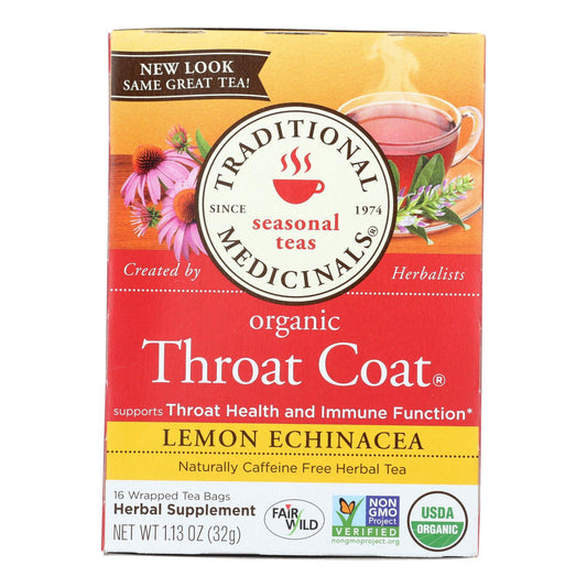 Traditional Medicinals Organic Lemon Echinacea Throat Coat Herbal Tea - 16 Tea Bags - Case Of 6