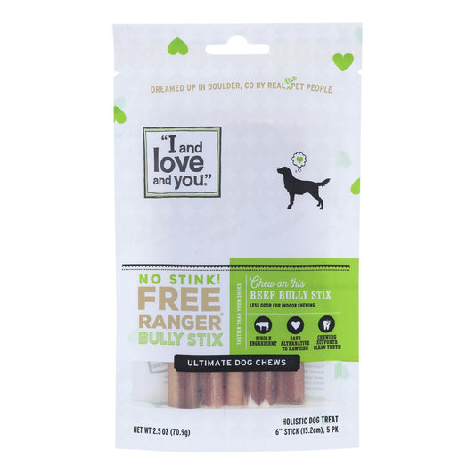 I And Love And You Dog Chews - No Stink Free Ranger Bully Stix - Beef - 5 Count - Case Of 6