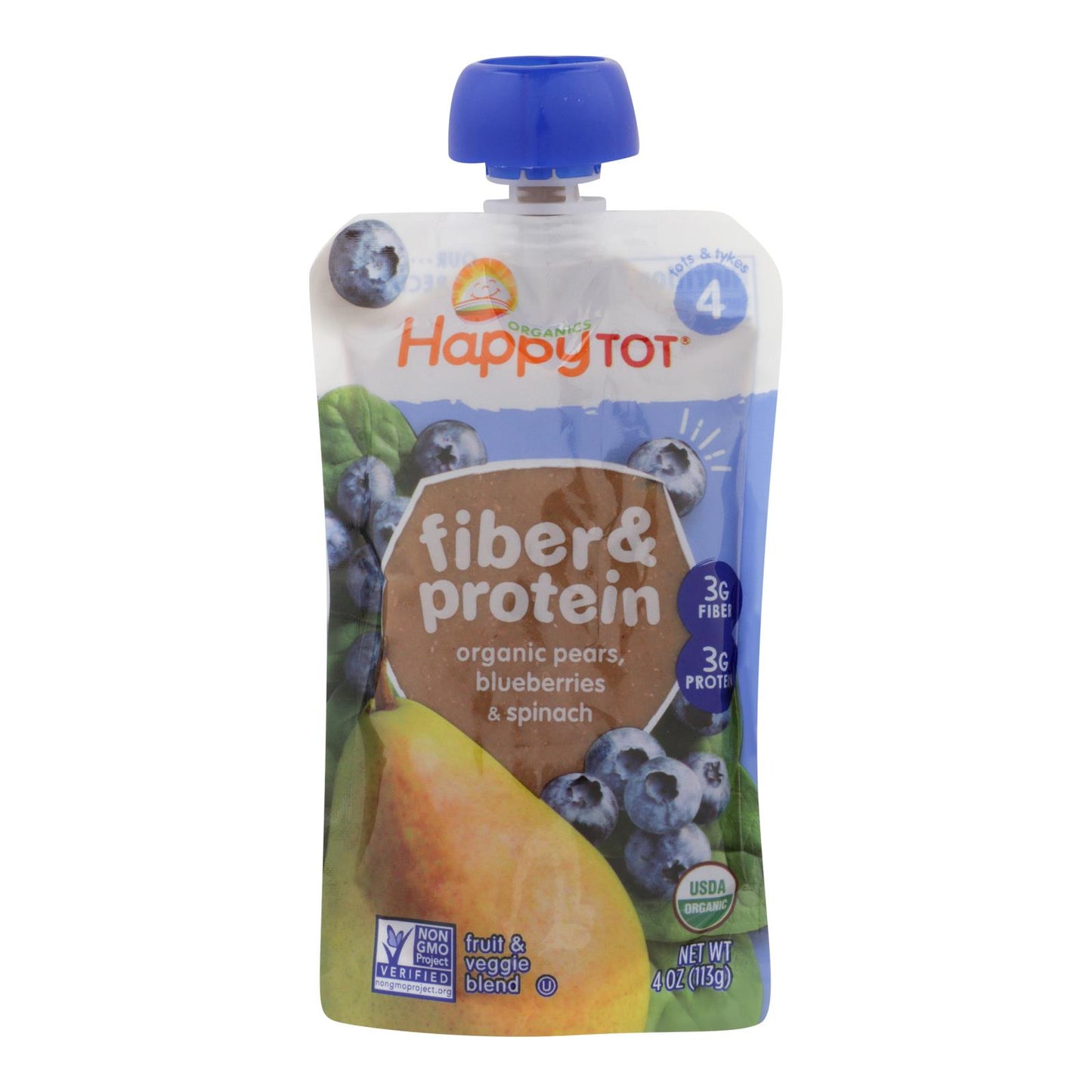 Happy Tot Toddler Food - Organic - Fiber And Protein - Stage 4 - Pear Blueberry And Spinach - 4 Oz - Case Of 16